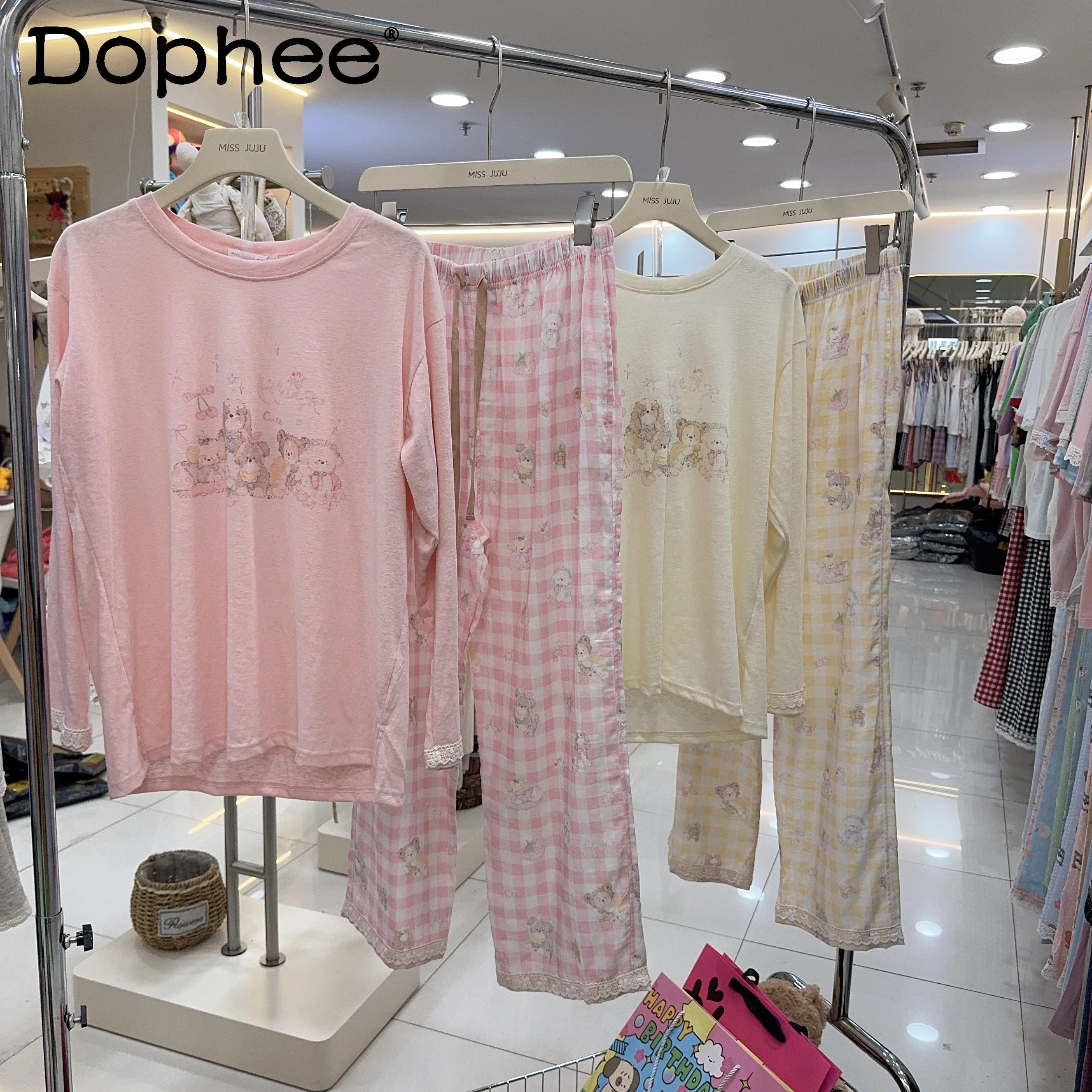 

Japanese Style New Ins Sweet Round Neck Long Sleeve Pajama Set Autumn New Cute Girl Cartoon Puppy Homewear Wearable for Women