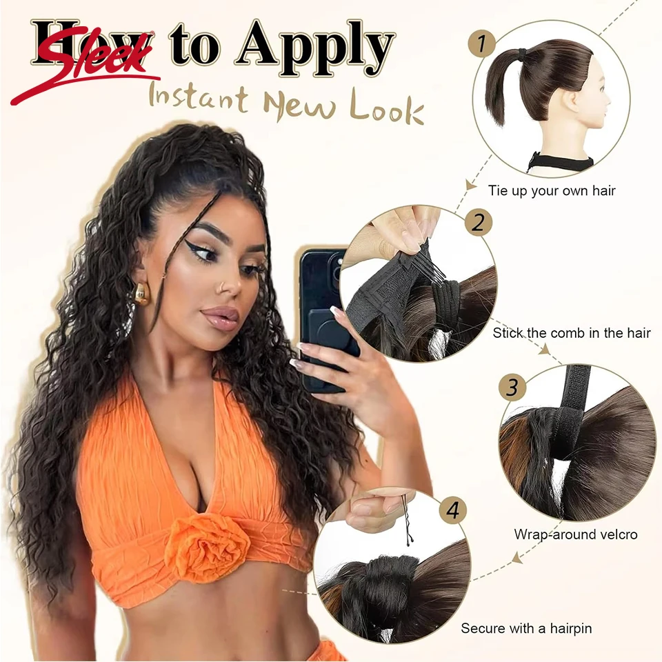 Sleek Brazilian Water Deep Ponytail Extension Long Wavy Curly Wrap Around Ponytail Clip in Ponytail Human Hairpiece For Black