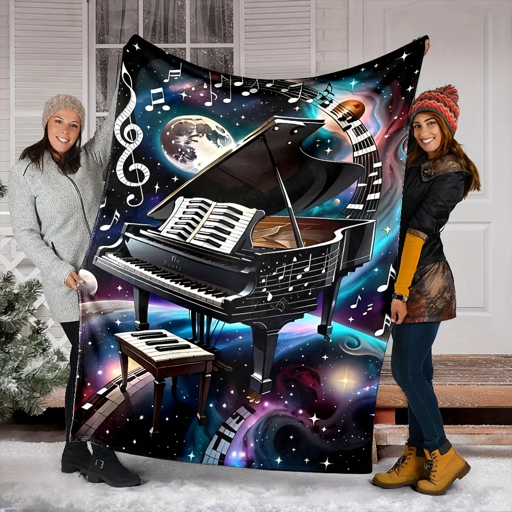 Cozy Galaxy Piano Music Blanket Throw Plush Aesthetic Decor Gift for Musicians Jazz Starry Night Bedroom Accent