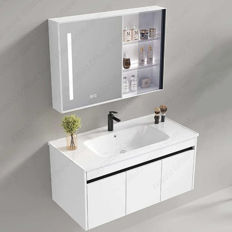 

Bathroom Vanity with Ceramic Integrated Sink Smart Mirror Cabinet Set Aluminum Large Capacity Storage Cabinet Combo with Drain