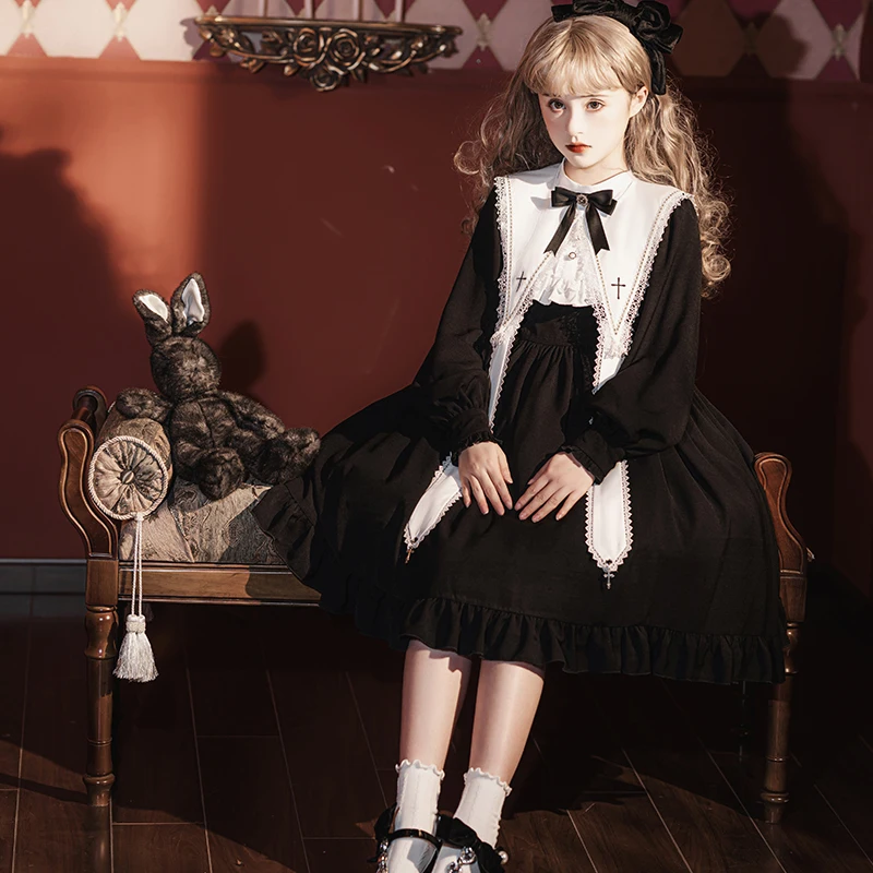 Contract Color Lolita Dress for Women Gothic Style Dark Girl Japanese Retro Op Dress Autumn and Winter Long Sleeve Black Dress