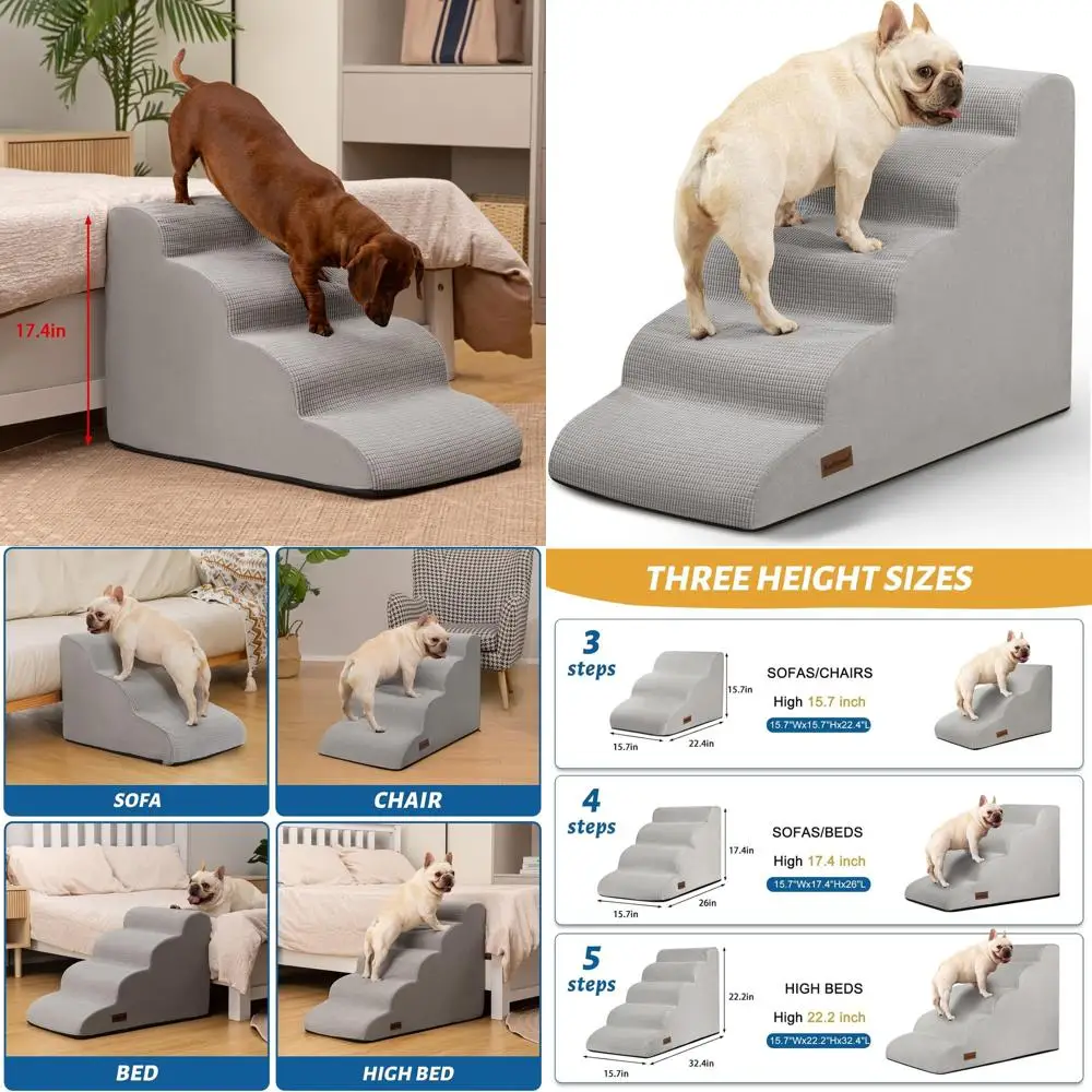 

5-ступенчатая лестница для собак и пандус для высокой кровати, нескользящие прочные ступеньки для домашних животных для маленьких собак и кошек, высота 2,2 дюйма, светло-серый