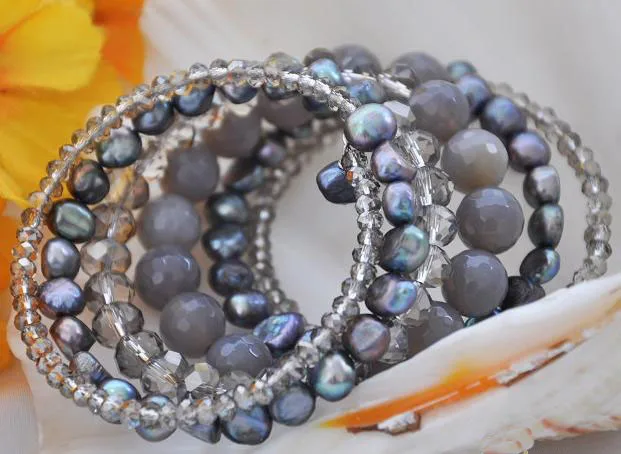 Favorite Pearl Jewelry,Stretch Glaring Black Pearl Faceted Crystal Gray Agate Beads Bracelet,Birthday Party Charming Women Gift