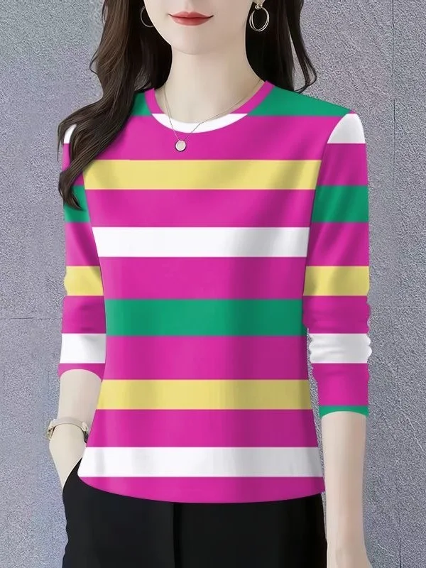 

Elegant Striped Long Sleeve round Neck Base Shirt Women's plus Size Slimming Tummy Covering Top Mommy Casual Polyester Fiber