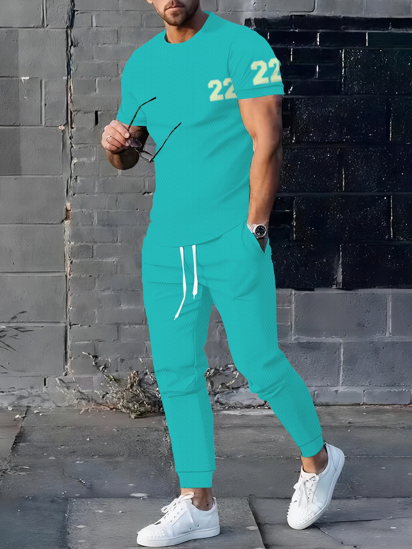 

Summer fashion printed smiling face pattern men's quick drying top street breathable trendy T-shirt set