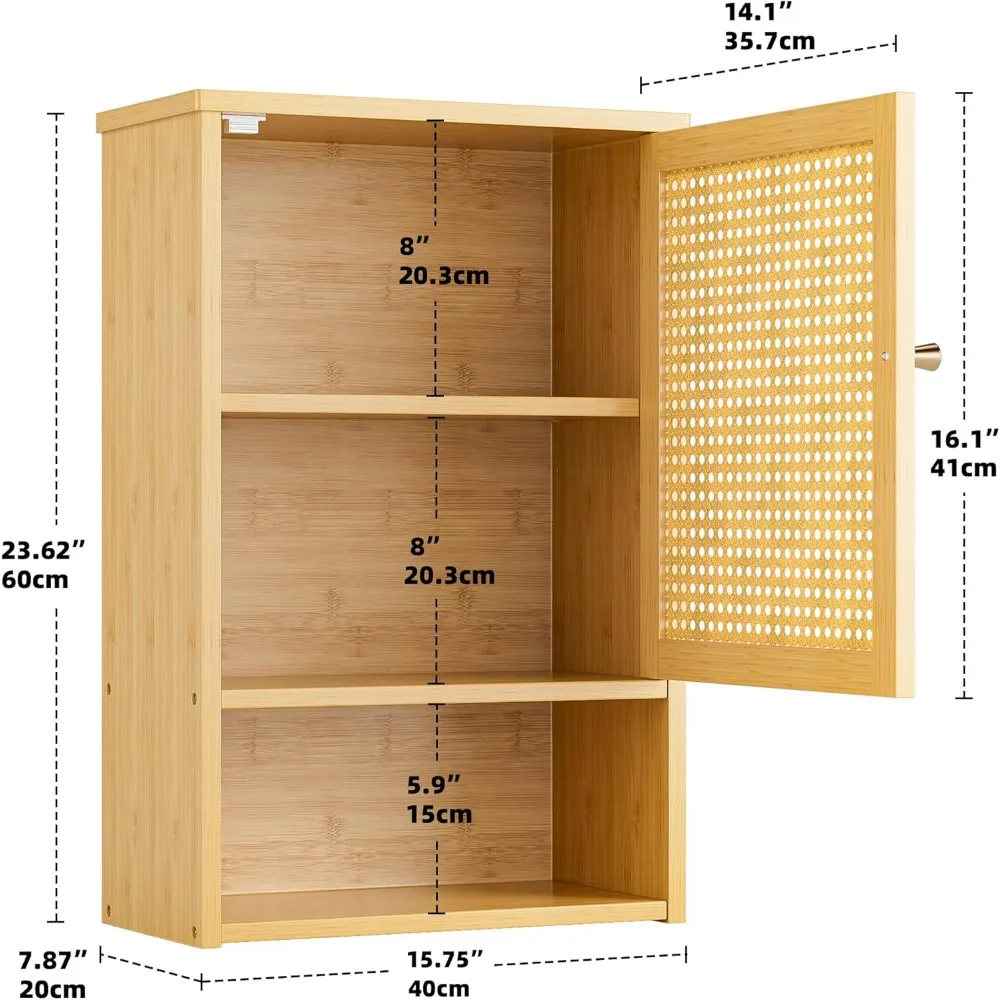 خزانة تخزين من الخيزران فوق المرحاض مع أبواب من الروطان ورف قابل للتعديل، ومنظم خزانة أدوية موفر للمساحة #3