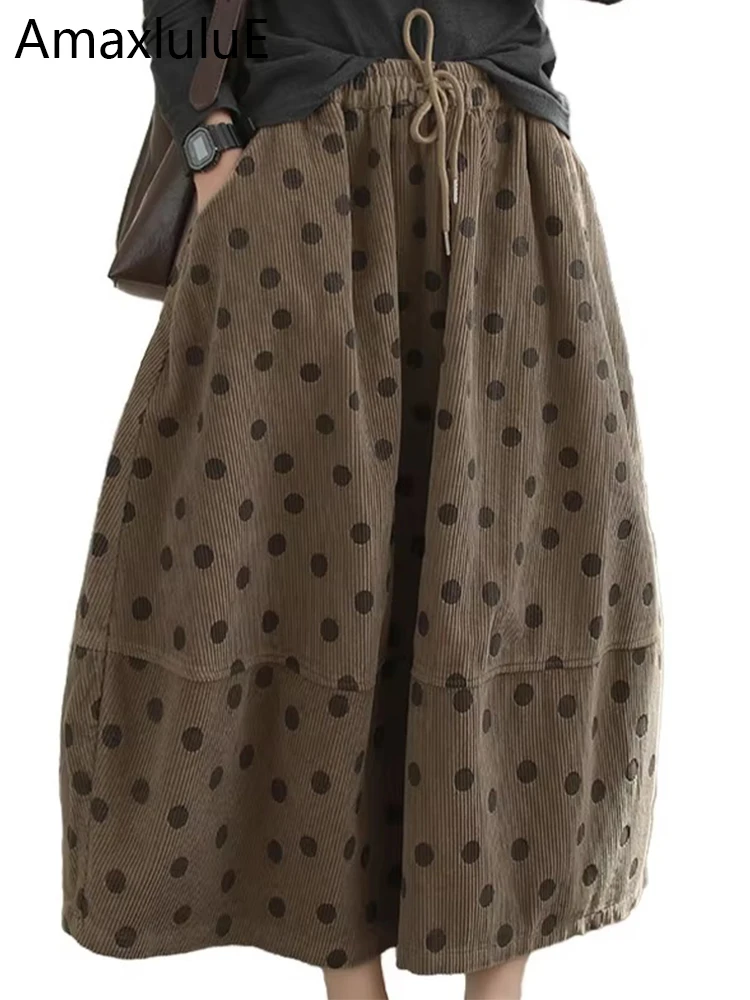 Amax luluE 2024 Womens Winter Luxury Dot Clothes Fashion Loose Corduroy Ladies Elegant Skirt Leisure Classic Elastic Streetwear