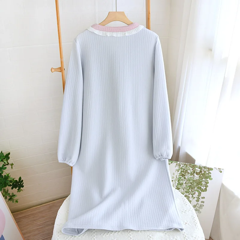 Autumn and Winter New Women's Long Skirt Thickened Thermal Nightdress 100% Cotton Cotton Clip Long Sleeve Home Dress sleepwear