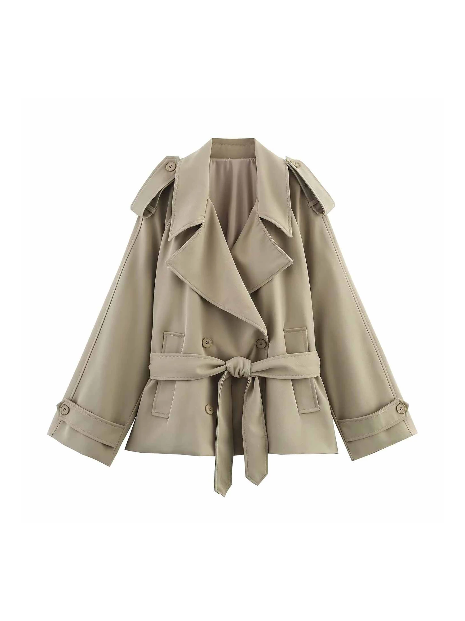

Women's Khaki Cropped Trench Coat Korean Loose Windbreaker with Belt Harajuku Vintage Long Sleeve Outerwear Winter Autumn 2025