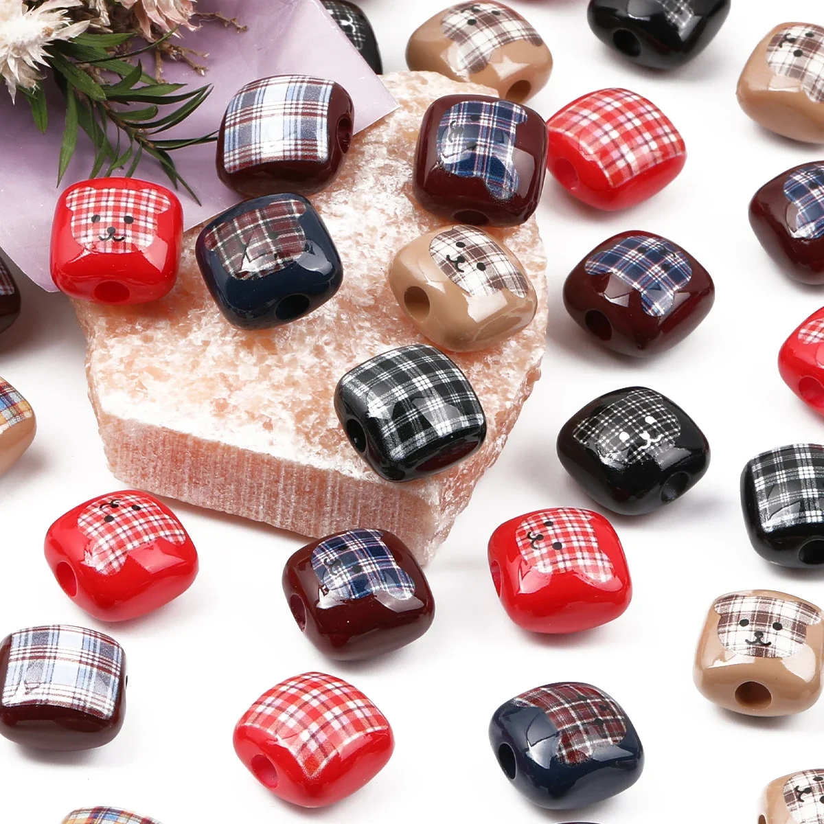 10/20pcs Random Color 16mm Plaid Bear Square Acrylic Loose Beads DIY Decor Pen Bracelet Craft Supplies