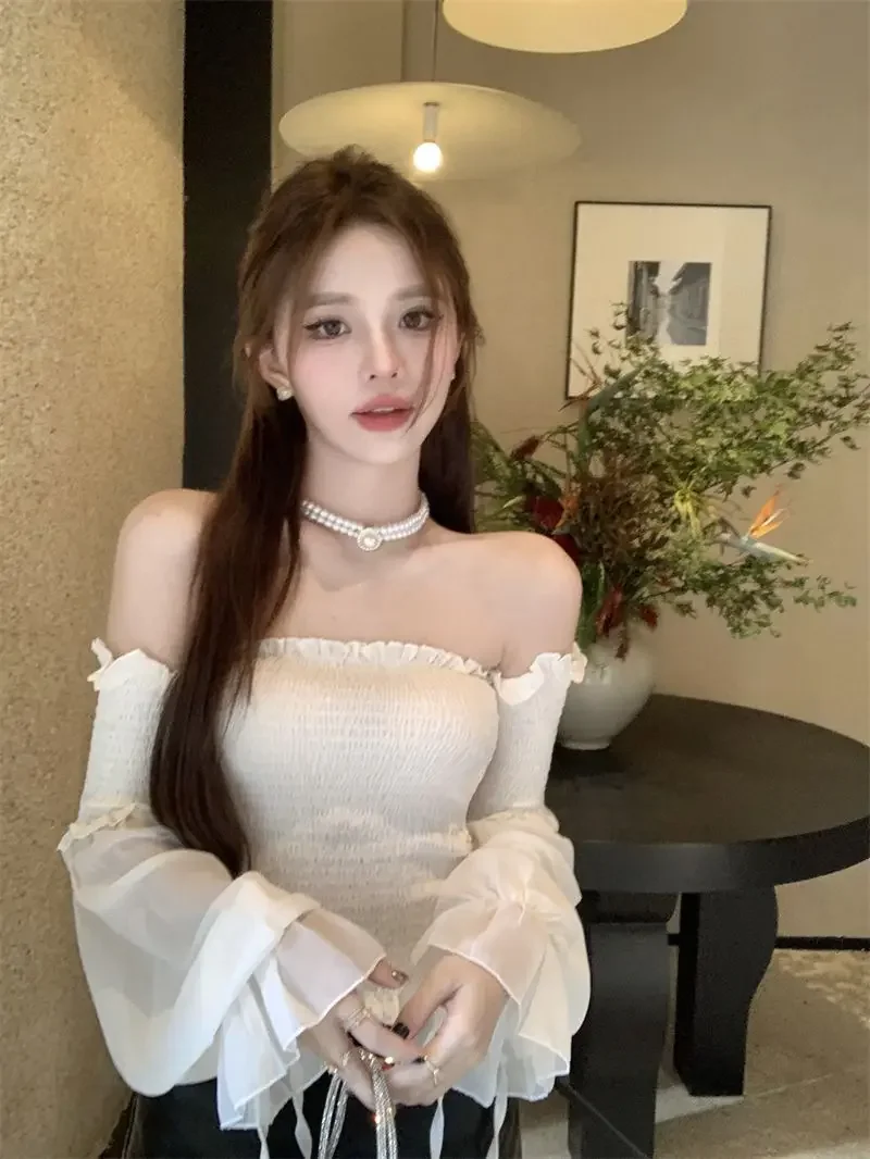 

Pure Sexy Sweet Hot Girl Off Shoulder Short Top Women's Spring Edible Tree Fungus Chiffon Slim Fit Shirt Fashion Female Clothes