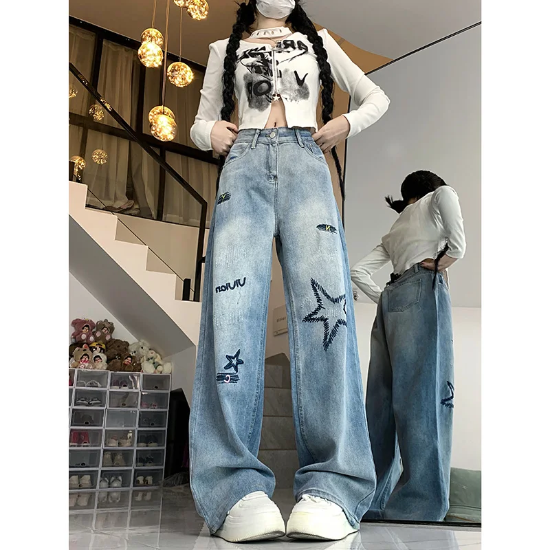 

WCFCX STUDIO Women's Baggy Blue Star Jeans Vintage Y2k 90s Aesthetic Denim Trousers Harajuku High Waist Wide Cowboy Pants Fashio