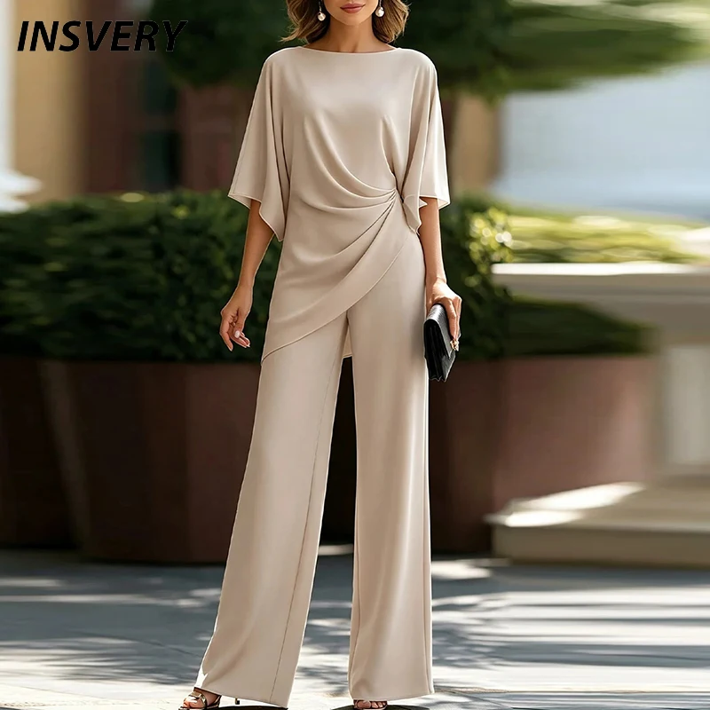 Elegant Women Two Piece Outfit Batwing Sleeve Ruched Irregular Top Casual Solid Wide Leg Pants Overalls Formal Party Suit