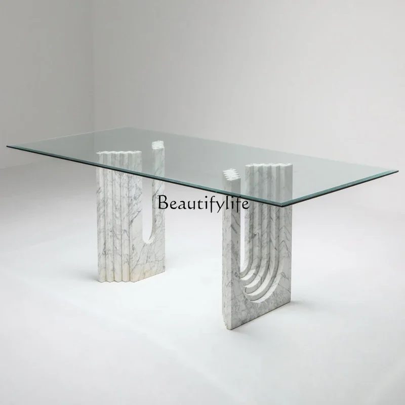 

jj Italian minimalist marble dining table rectangular tempered glass countertop