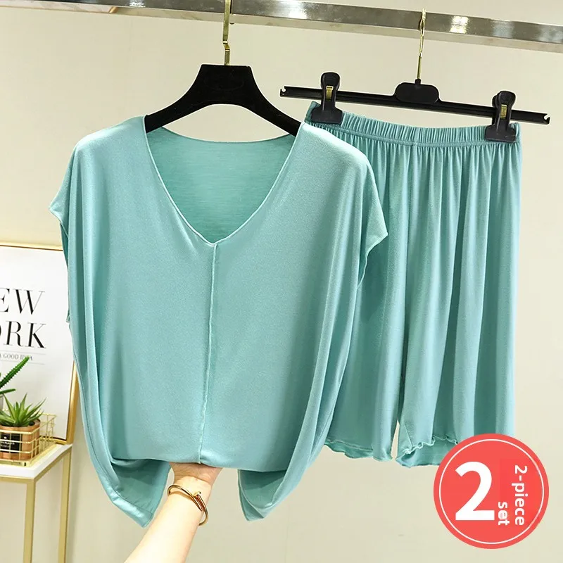 

Summer Thin Modal Sleeveless Sleepwear Set Women Casual Loose Two-Piece Home Clothes Pure Color Comfortable V-Neck Short Pants
