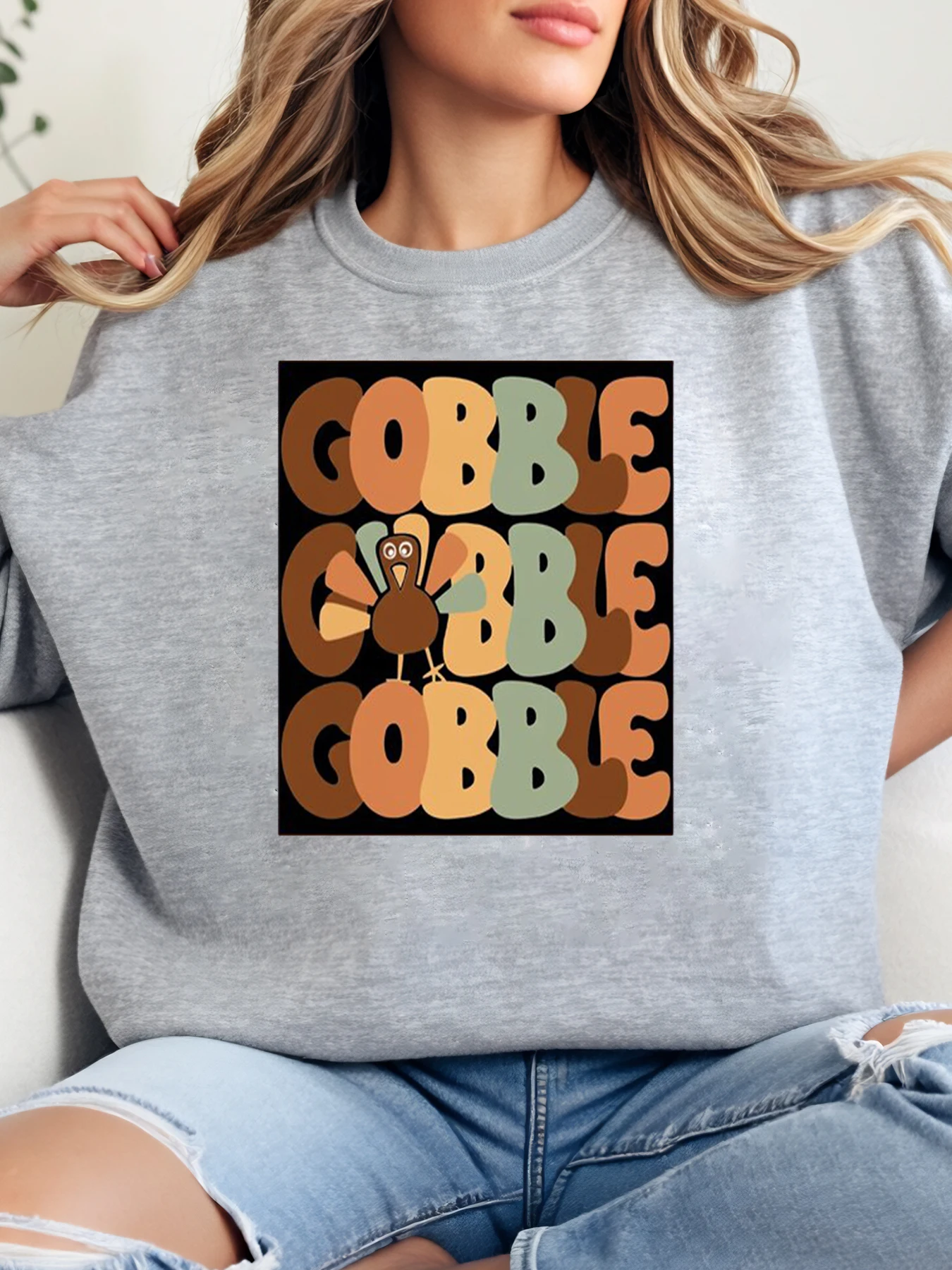 

Gobble Gobble Gobble Турция Толстовка с круглым вырезом и принтом на День Благодарения Женская повседневная одежда Праздничный наряд Серый Большой размер