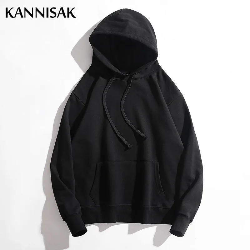 KANNISAK Oversize Mens and Womens Hoodies Spring Autumn 2022 Solid Loose 100% Cotton Harajuku Hodded Sweatshirt Couple Pullovers