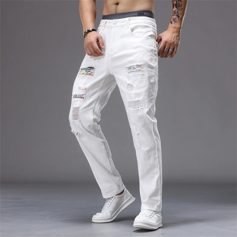 

White Ripped Jeans Men's 2025 Hot Spring and Summer Slim Fit Jeans Men's Straight Leg Pants Men's Stretch Denim Ripped Pants