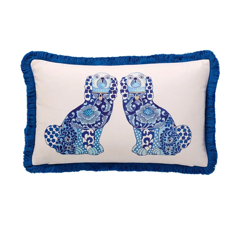 

Retro Dog Pillows Blue Procleain Design Print Cushion Case Velvet Decorative Pillow Cover For Sofa 30x50 Luxury Home Decoration