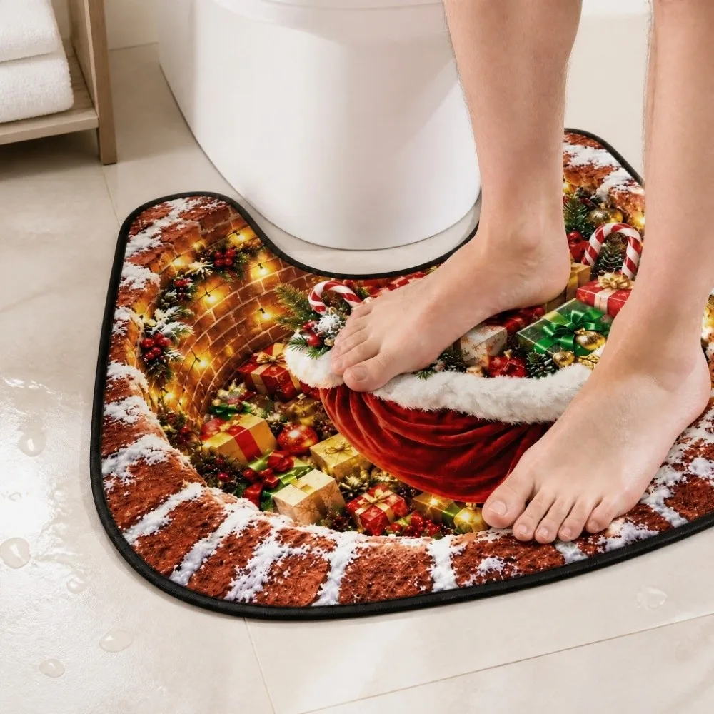Lovely 3D Visual Bathroom Rug Set Quick Dry Non Slip Toilet Mat Premium Fabric Absorbent Bath Mat Christmas