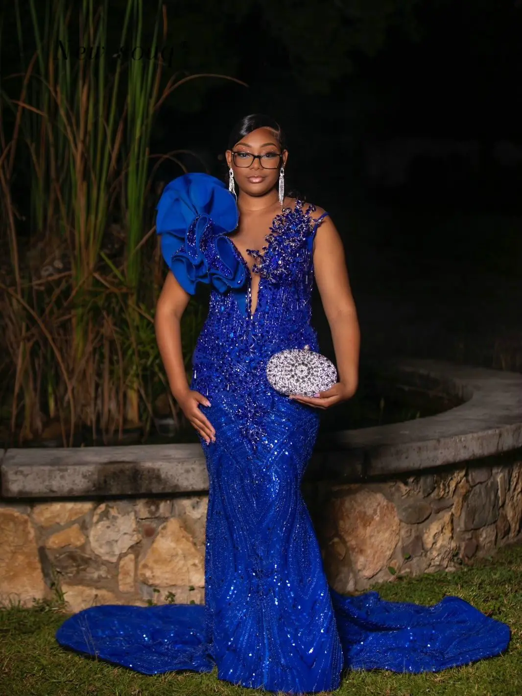 affordable formal dresses Square Neck Ankle-length Prom Sparkly Tulle Cheap Dress SELINADRESS quality long modest gowns. Royal Blue Column V-Neck Evening