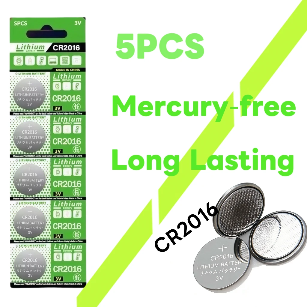 High Power CR2016 3V Lithium Manganese Dioxide Battery, Mercury-Free, Leak-Proof, Low Self-Discharge, 5-Year Shelf Life, Stable