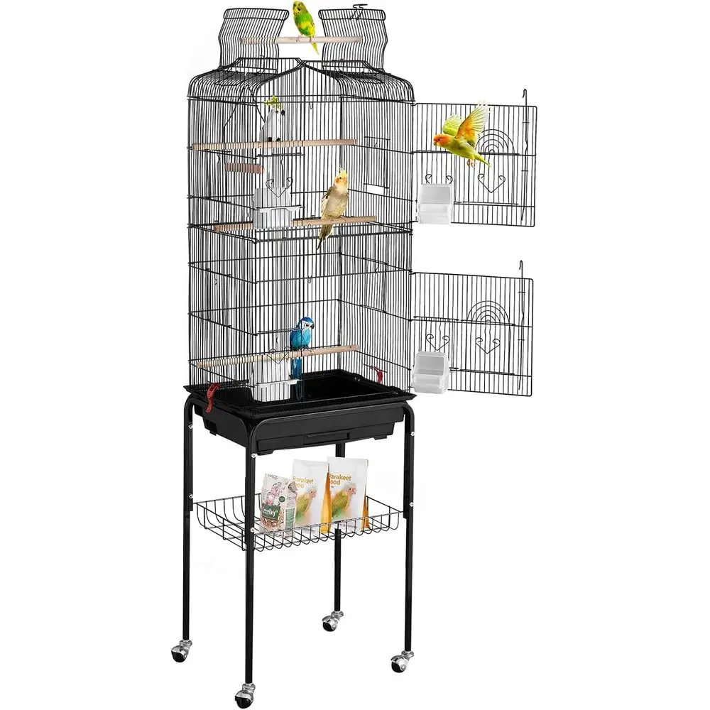 

Large 64-inch Open Top Bird Cage with Rolling Stand, Ideal for Parrots, Canaries, Lovebirds, and Small Conures