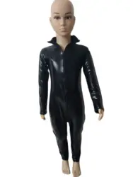 Kids black color Shiny Metallic cosplay Catsuit Leotard with double front Zipper to Hip jumpsuit
