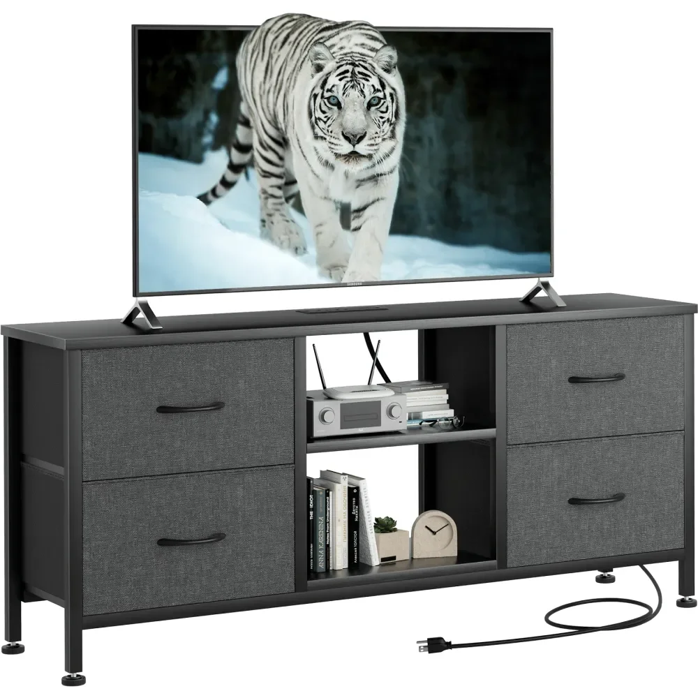 

Dresser TV Stand For 50 TV, Fabric Dresser With 4 Drawers And Power Outlet, Modern Entertainment Center With Open Shelves For L