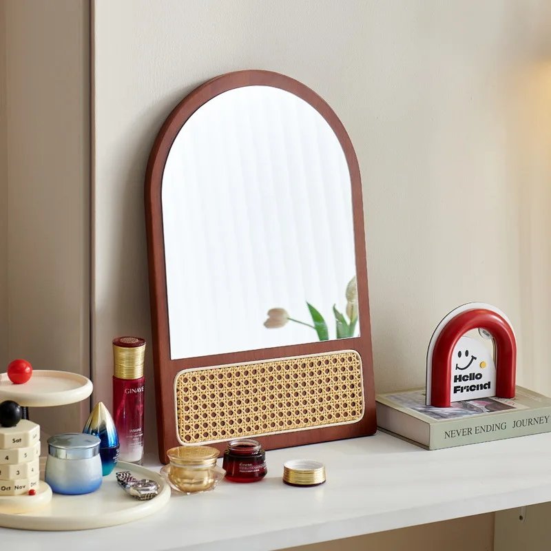 Bedroom desktop arch-shaped cosmetic mirror Chinese rattan hotel bathroom solid wood board wall-mounted single-sided mirror