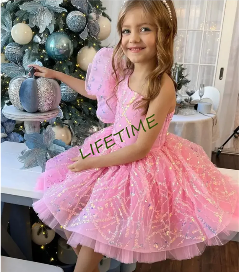 Flower Girl Dress Children Wedding Bridemaid Dresses Kids Pink Tutu Sequin Gowns Girl Boutique Party Wear Elegant Frocks