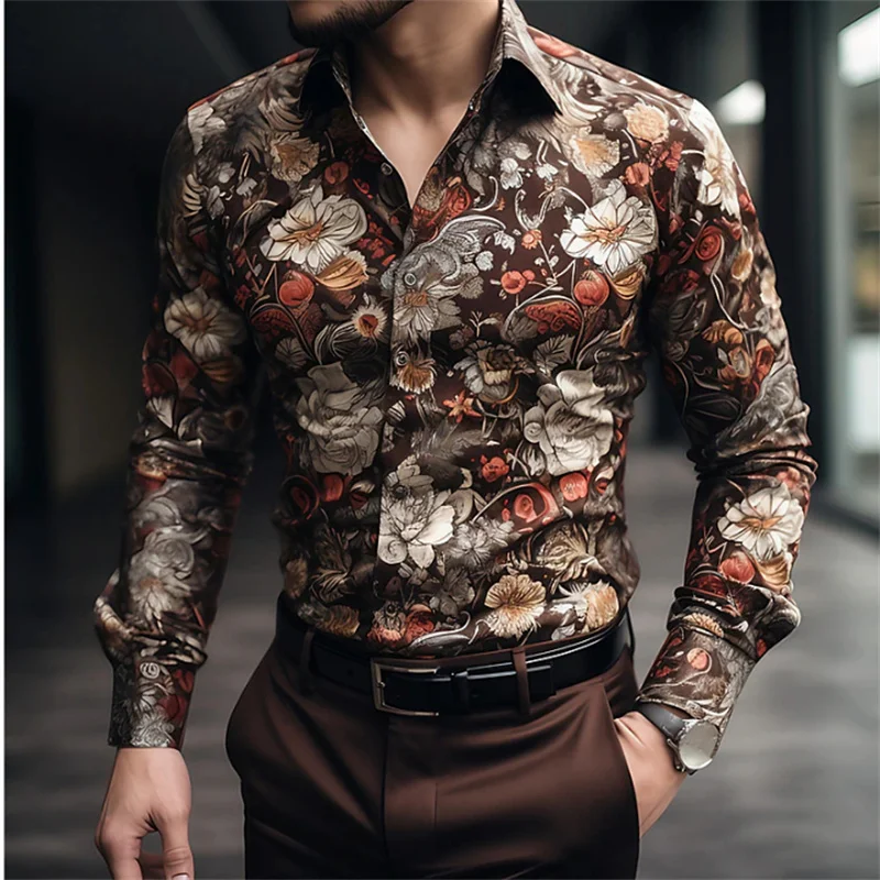 Camisa de manga larga con estampado floral para hombre, camisa informal versátil a la moda, de calle, con solapa y manga larga de un solo pecho, 2024