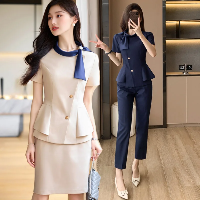 Apricot Short Sleeve Suit Coat Women's Summer Thin Professional Suit Skirt Beauty Salon Hotel Reception Work Clothes