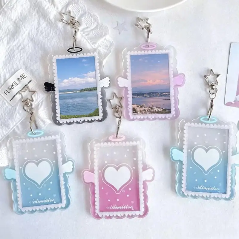 1Pcs Cute Acrylic Kpop Photocard Holder Angel Wing Design Star Keychain For Fans Photo Collection ID Card Display Bag Pendant