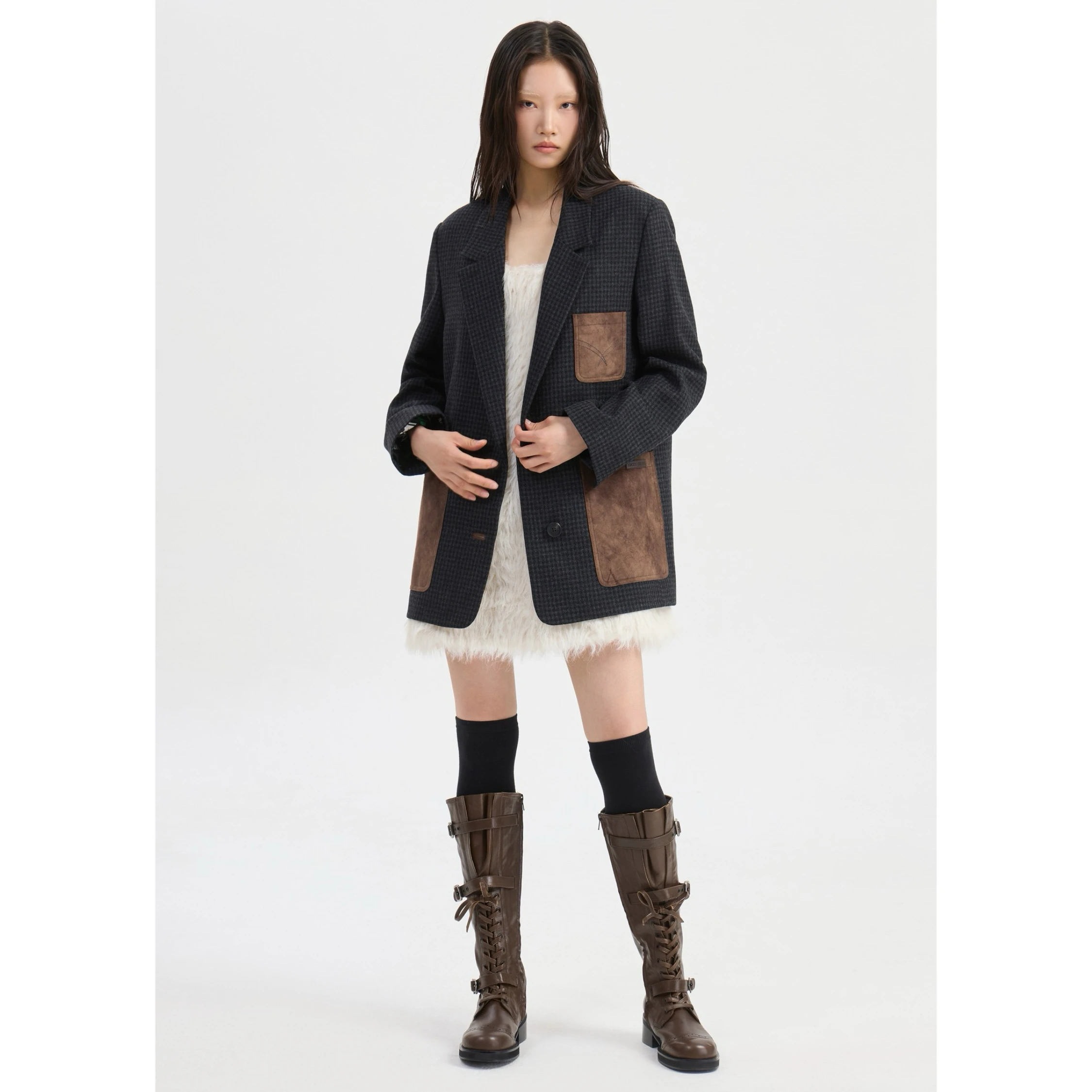 

Lemon Cheese LUC25 Зимний шерстяной костюм Thiened Jaet с лацканами в клетку большого размера, женское модное пальто для поездок на работу