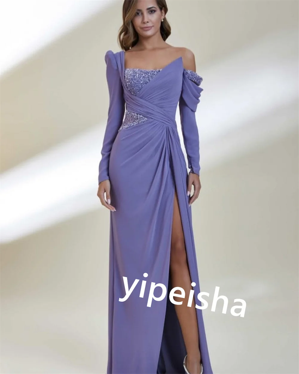 Customized Jersey Pleat Sequined Cocktail Party Sheath Off-the-shoulder Bespoke Occasion Gown Midi Dresses