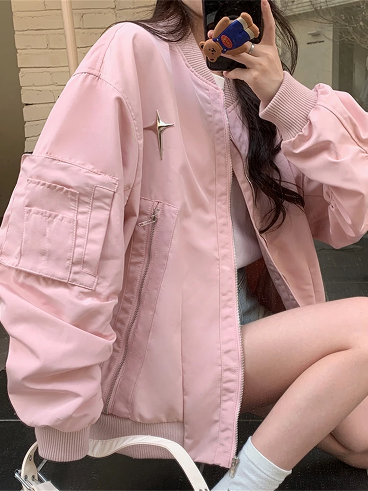 

Baseball Jackets Navy Womens Spring Multi-Pockets Heavy-Duty Safari Satin Decorated Stain-Proof Feminine Anti-Fall Open-Button