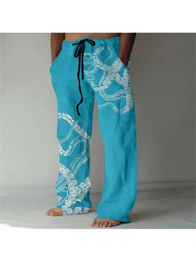 Fashionable and casual octopus tentacle printed linen blended casual pants for men loose pocket drawstring sports pants