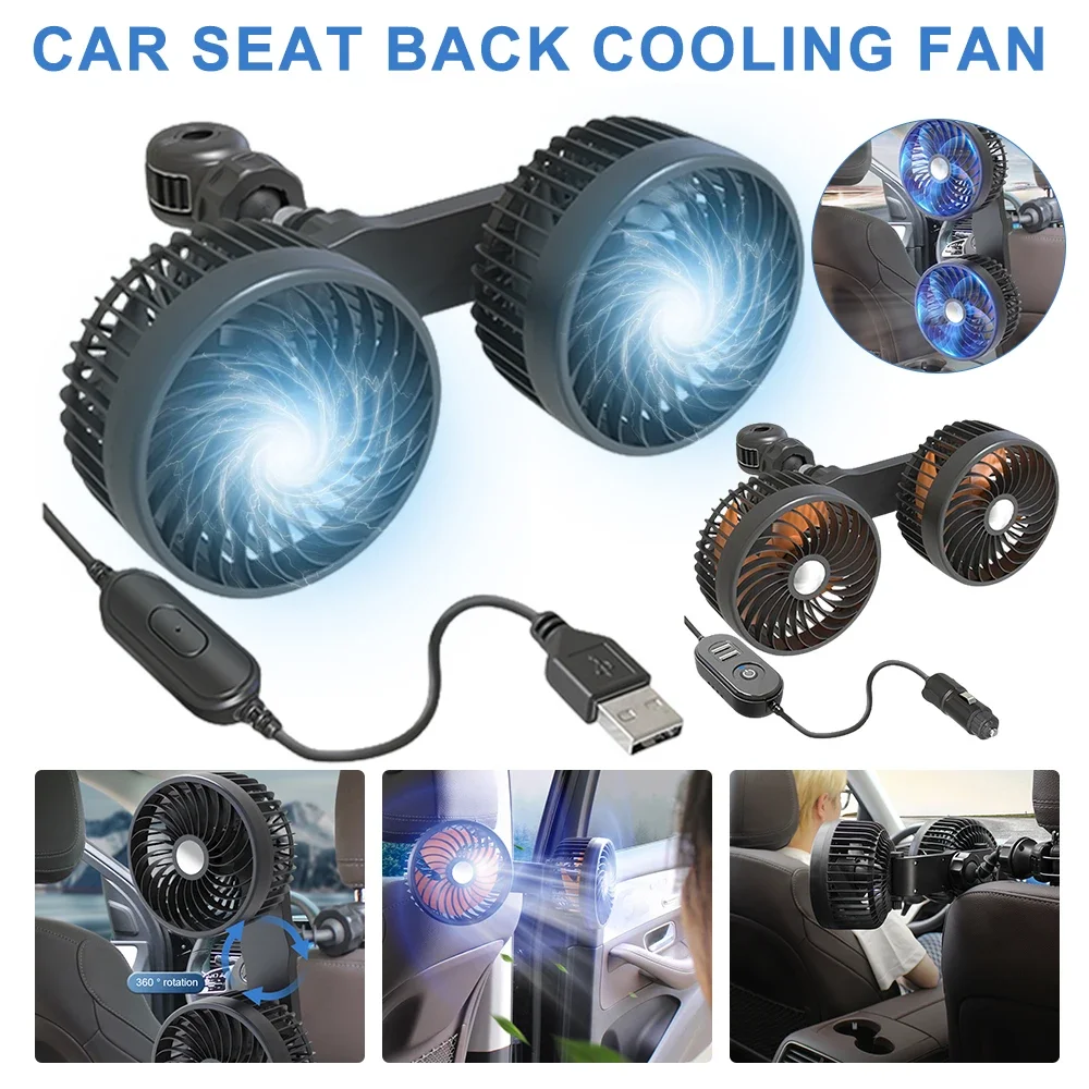 Car Seat Back Cooling Fan 360 Degree Rotation Auto Headrest Ventilation Fan USB Charge Dual Head Fan Neck Cooler Car Interior