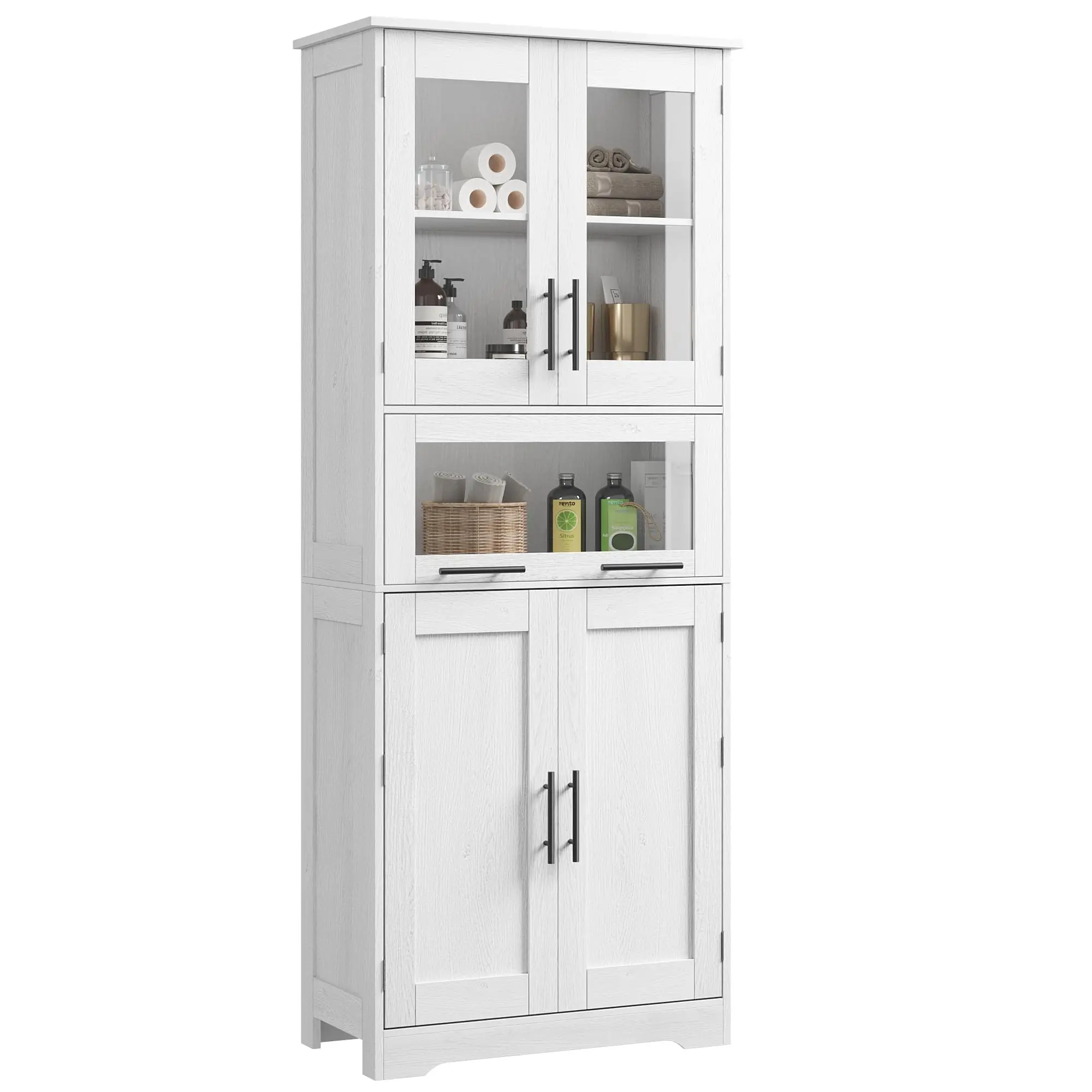67 Inch Tall Slim Storage Cabinet with Glass Doors and Drawer, 5 Tier Adjustable Shelves Narrow Floor Cabinet for Bathroom, Hallway, Kitchen, Pantry, Laundry Room, Rustic Brown Free Standing Wooden Linen Tower Cupboard Organizer Rack