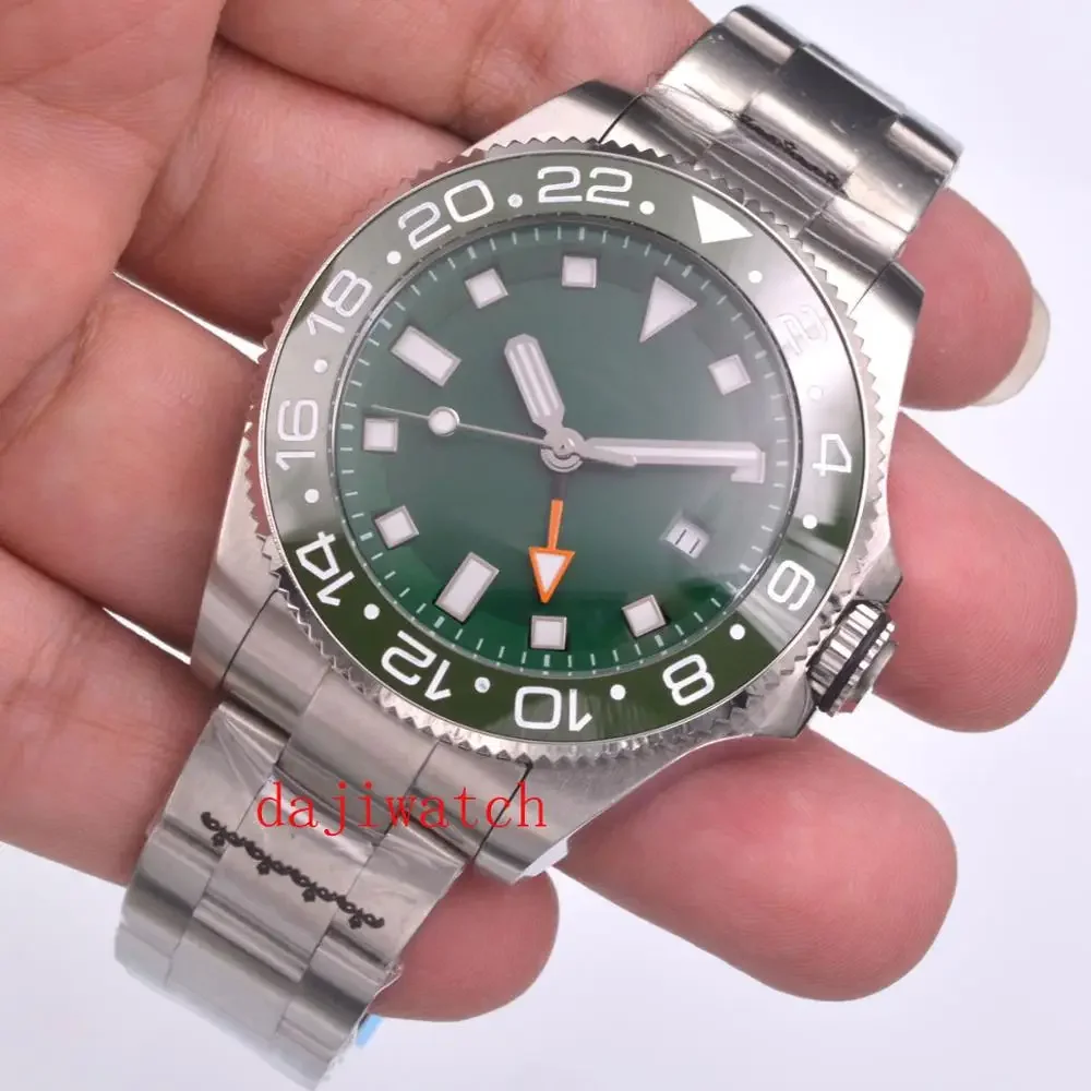 

43mm BLIGER Sterile Green Dial Automatic Mechanical Watch GMT Date Display Sapphire Glass Ceramic Bezel Stainless Steel Watch