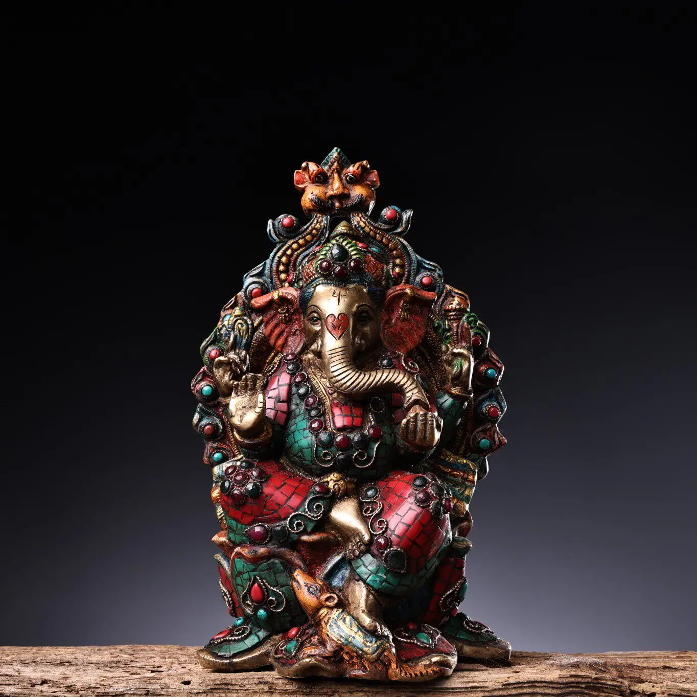 Vintage Chinese Copper Gemstone Inlaid Gold Painted Ganesha Statue Heavy Patina Fine Craft