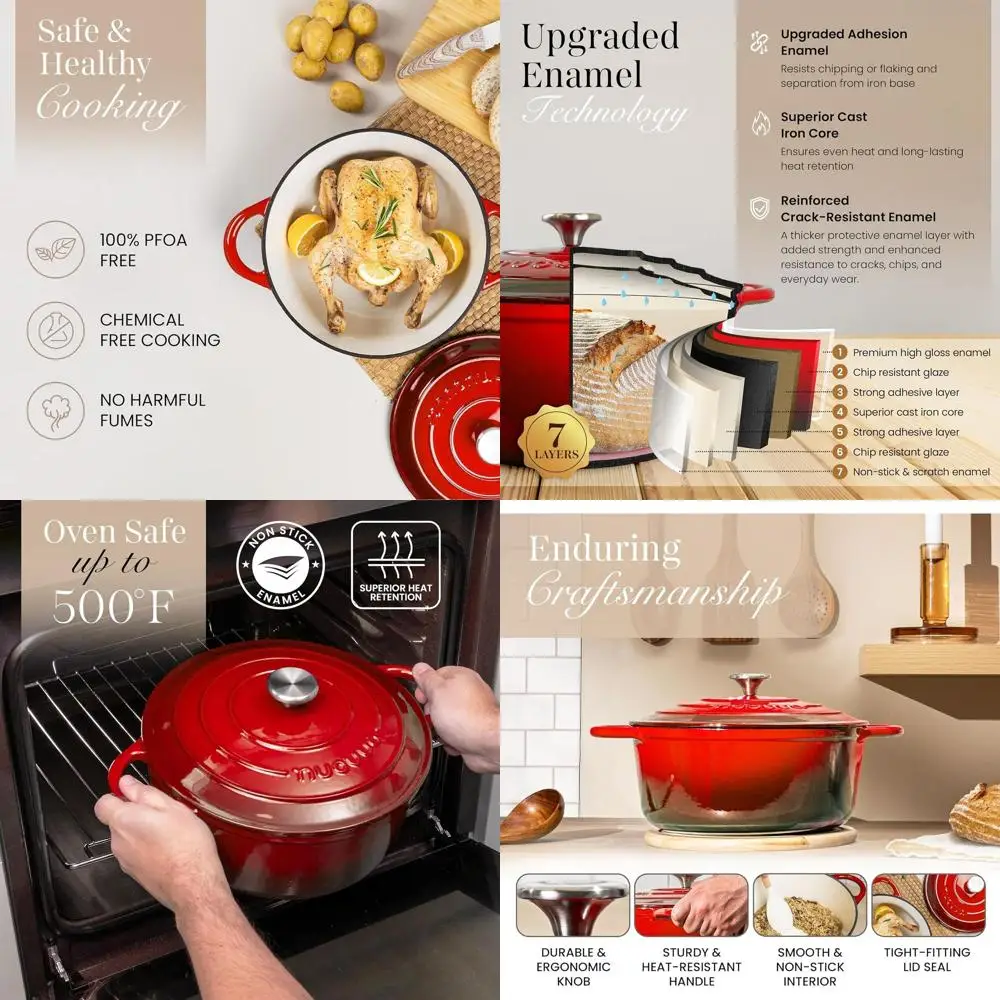 

Non-Stick 6.4 Quart Enamel Dutch Oven Pot with Lid - Heavy Duty Oven Safe for Bread Baking, Braising, Stews, Roasting - 28cm Red