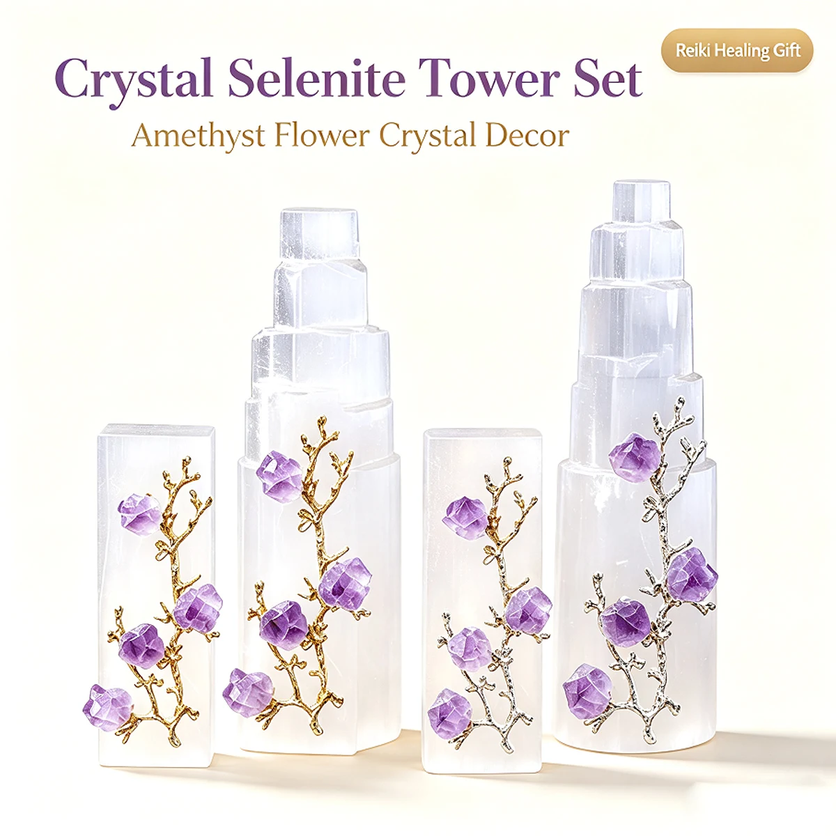 1pc Natural Amethyst Tooth Flower Tree with Selenite Base, Reiki Healing Crystal Tree Ornament, Raw Crystal Mineral Decor, Home