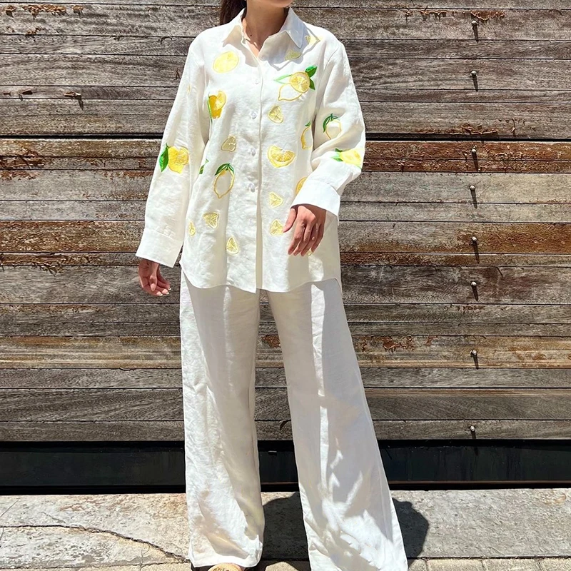 

Spring Summer Loose Commuting Outfits Retro Pattern Print Women Suit Elegant Lapel Button Long Sleeve Shirt & Wide Leg Pant Sets