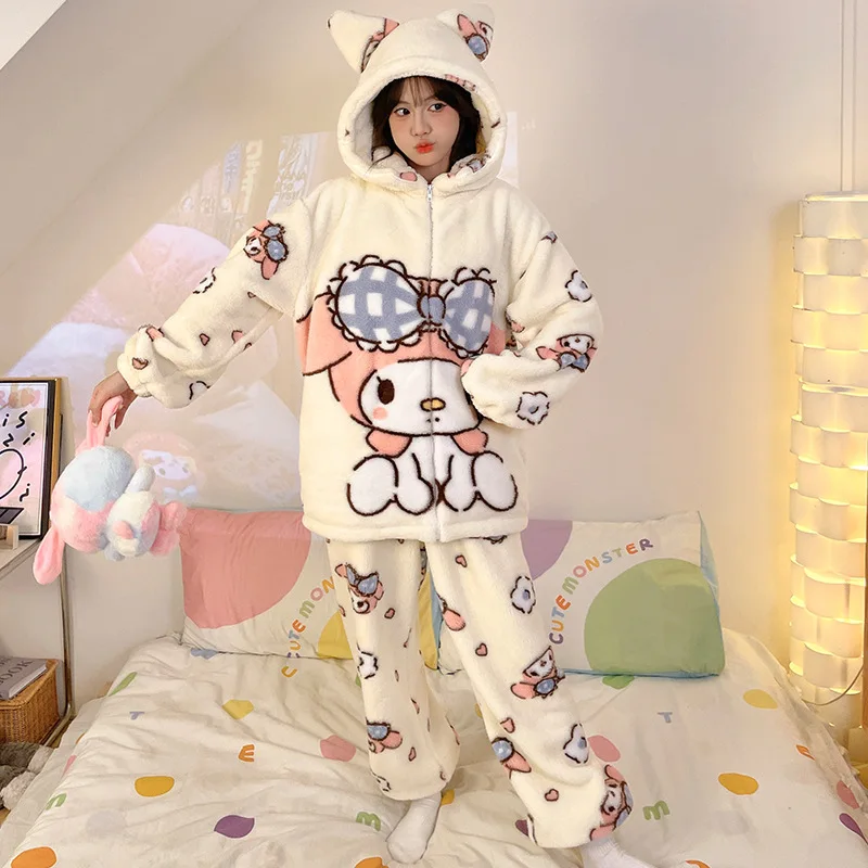 Sanrio Hello Kitty winter new plush plush thickened cute cartoon Hunton zipper hooded flannel loungewear