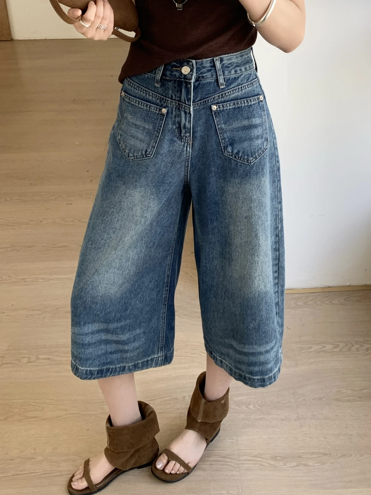 

ZHISILAO Y2k Calf-length Jeans Women Vintage Casual High Waist Wide Leg Straight Calf-length Trousers Summer 2026