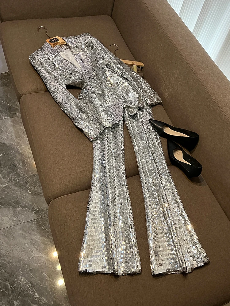 

Ele One-Button Me Костюм Брюки с пайетками Женский комплект из двух предметов для поездок на работу Sle Long Sve Длинные брюки A7 Faion Ensemble