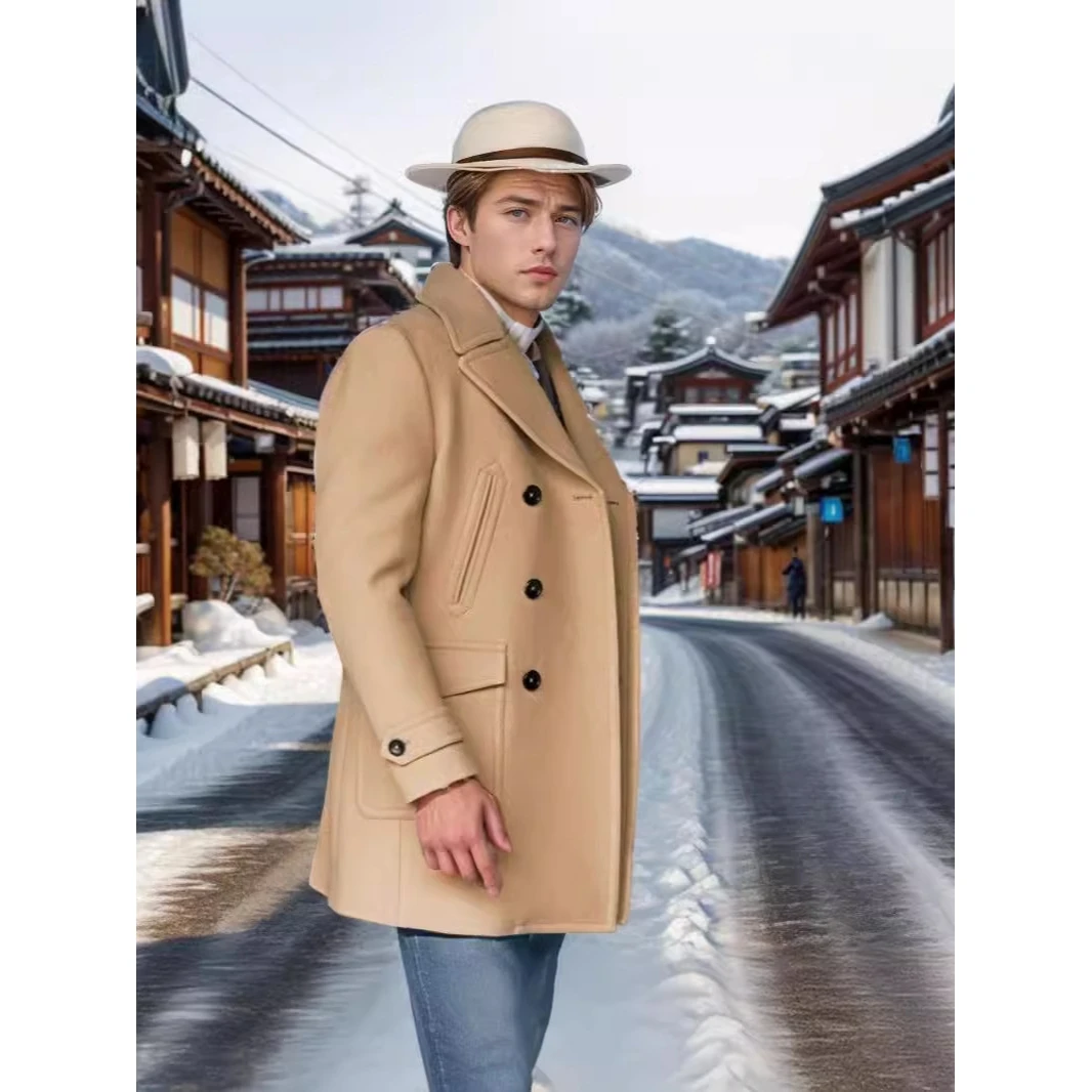 

New Men's Mid-Length Long-Sve Woolen Coat Briti Sle Autumn Winter Outerwear Thiened Flap Design Straight Hemline