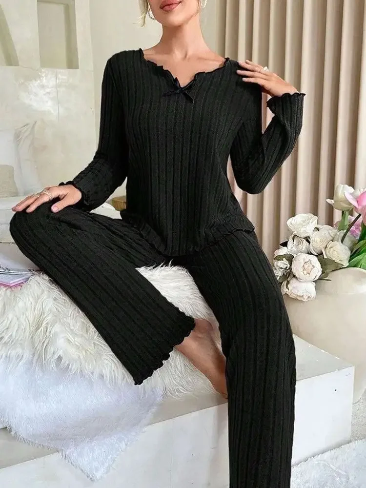 

Autumn Winter Warm Flannel Pajamas Set Women Sleepwear Long Sleeve T-shirt Top and Trousers Casual Homewear Loungewear